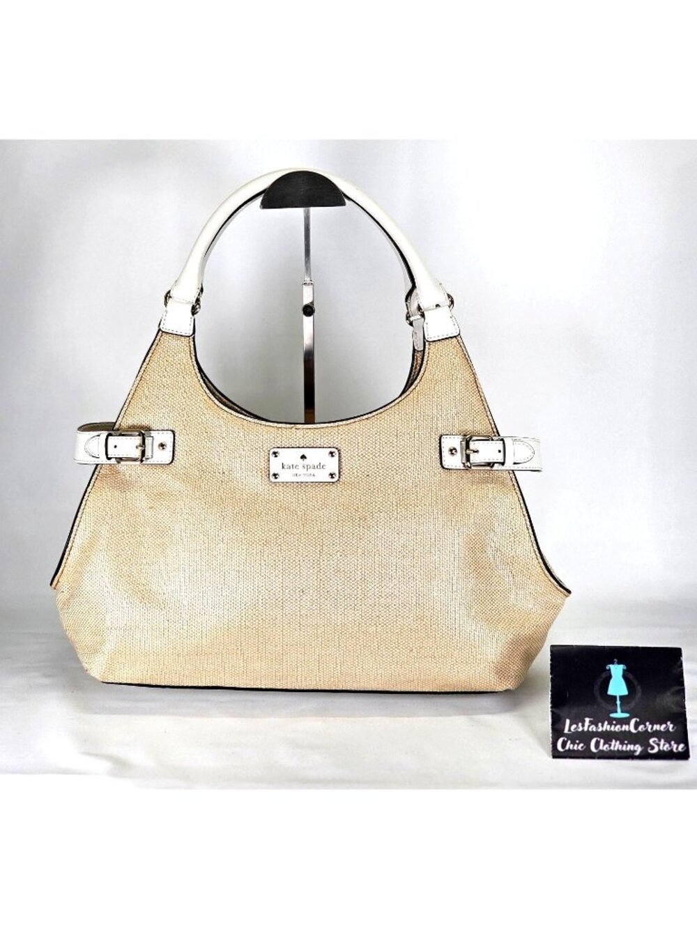 NWOT Kate Spade Women's Beige Canvas White Leather Vanston Dylan Burlap Bag 2252